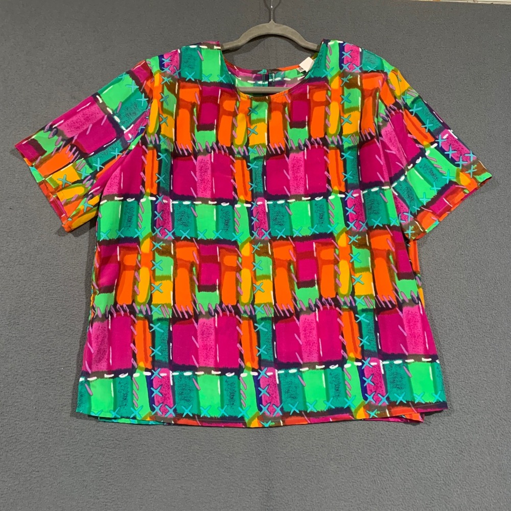 Nicola Woman Vintage 90s Abstract Geometric Patchwork Blouse Plus 2X Made in USA